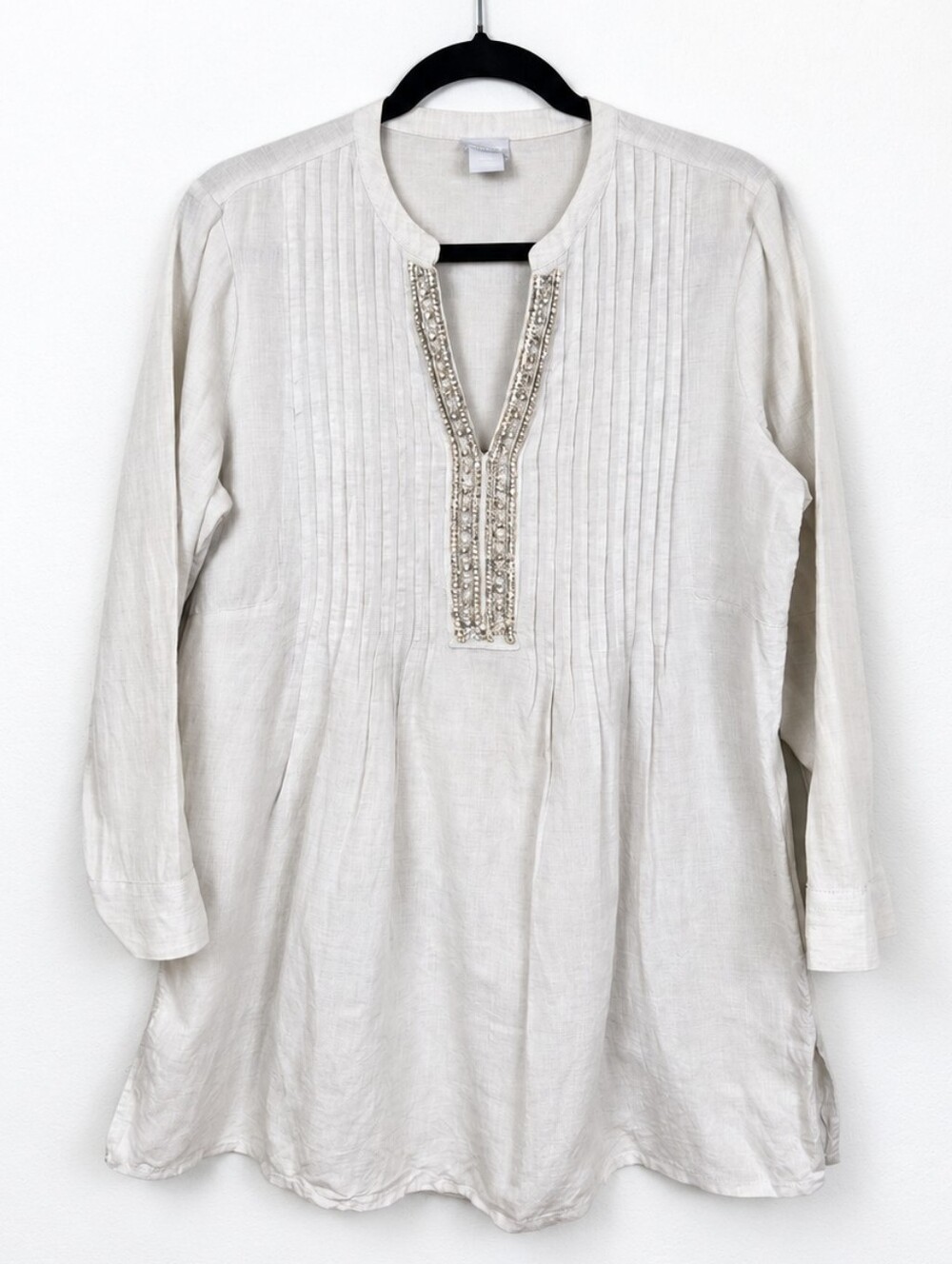 Chico's Linen Cotton Beaded Embellished Tunic Top Size 1 M White Silver